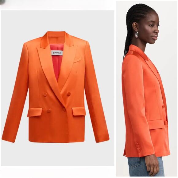 Jonathan Simkhai Norah Double Breasted Satin Orange Blazer 0 - Picture 4 of 11